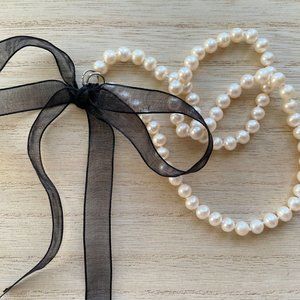 Pearl Necklace Ribbon Bow Tie, Freshwater Pearls Sterling Silver